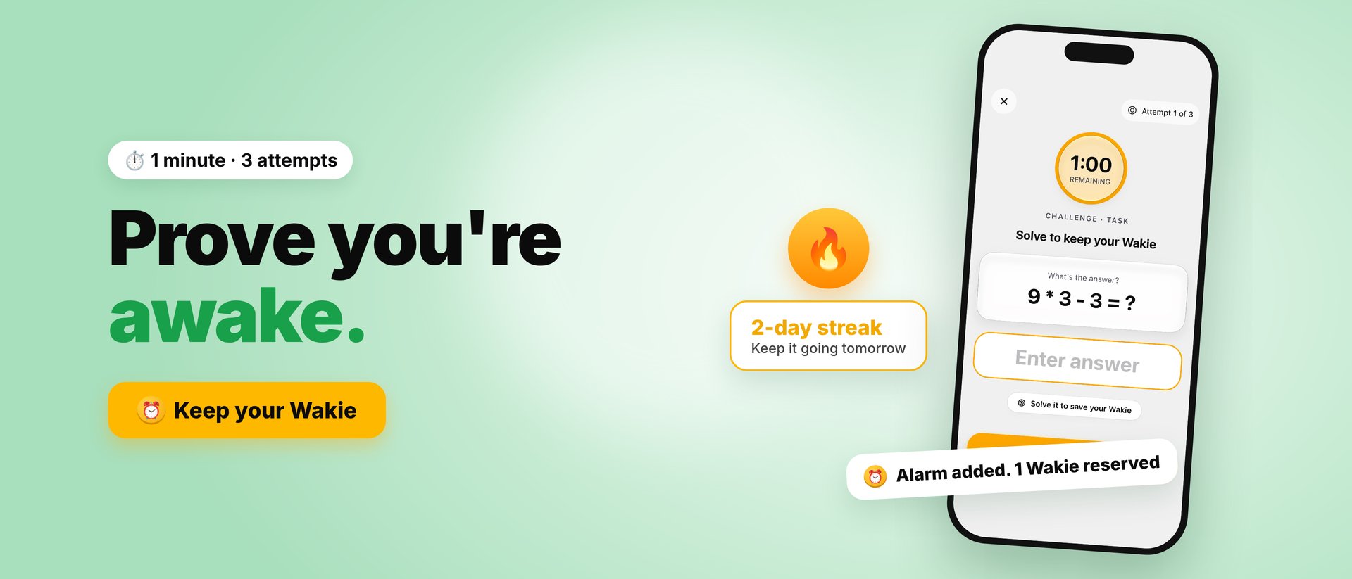Prove you're awake. Rise or Pay alarm challenge screen with 2-day streak