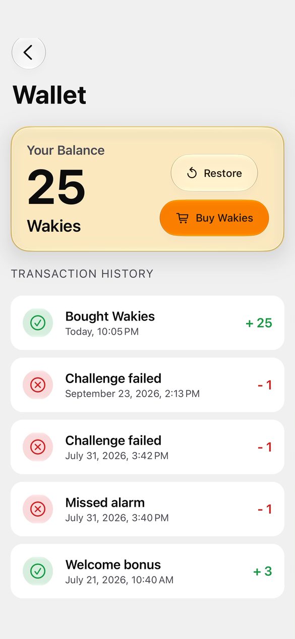 Wallet with Wakie balance and transaction history